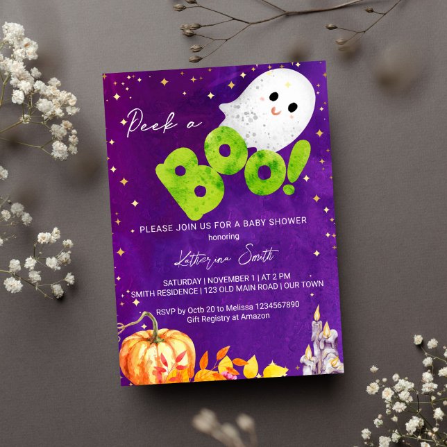 Halloween Baby Dusche flüchtige Blick ein niedlich Einladung (Halloween peek a boo baby shower template invitation cute baby ghost pumpkin purple green and orange)