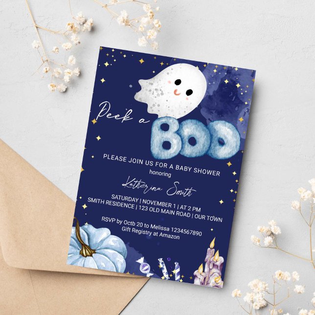 Halloween Baby Dusche flüchtige Blick ein niedlich Einladung (Peek a boo Halloween baby shower invitation instant download cute baby ghost pumpkin navy blue)