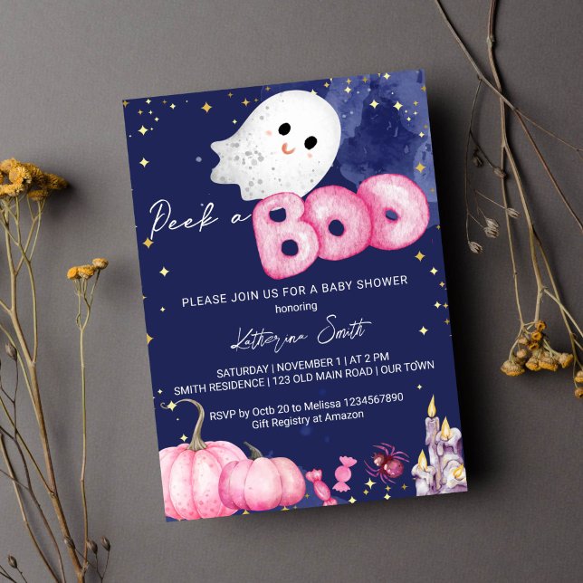 Halloween Baby Dusche flüchtige Blick ein niedlich Einladung (Peek a boo Halloween girl baby shower pink pumpkin cute ghost starry blue background )