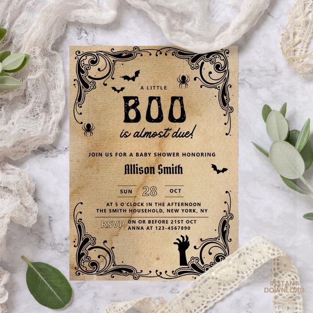 Halloween Baby Dusche Vintag Gothic Little Boo Einladung (halloween baby shower, halloween costume party,a little boo is on the way, little boo is almost due,)
