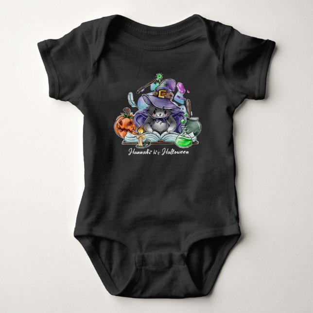 Halloween Baby Niedlich Cat Hexe Personalisierter  Baby Strampler (Vorderseite)