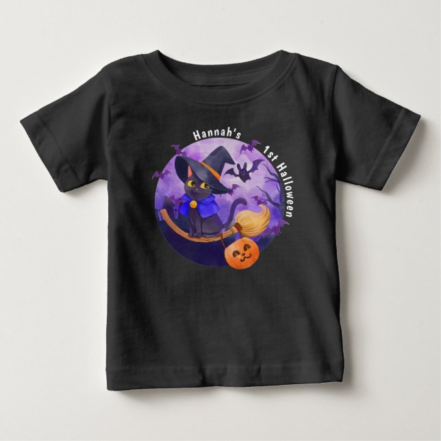 Halloween Baby Niedlich Cat Hexe Personalisierter  Baby T-shirt (Vorderseite)