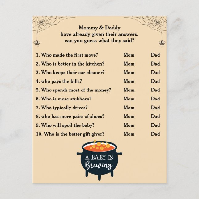 Halloween Baby Shower Game Guess Who Mom or Dad (Vorderseite)
