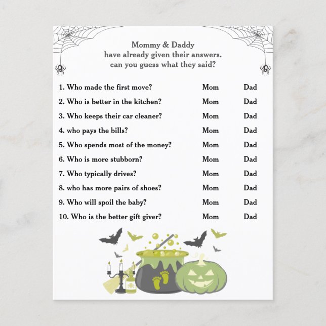 Halloween Baby Shower Game Guess Who Mom or Dad (Vorderseite)