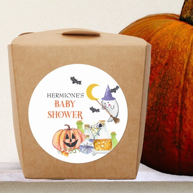 Halloween Baby Shower Ghost und Magic Tränen Runder Aufkleber (Stickers for Halloween baby shower with cute witchy ghost, spooky lettering and baby making potions)