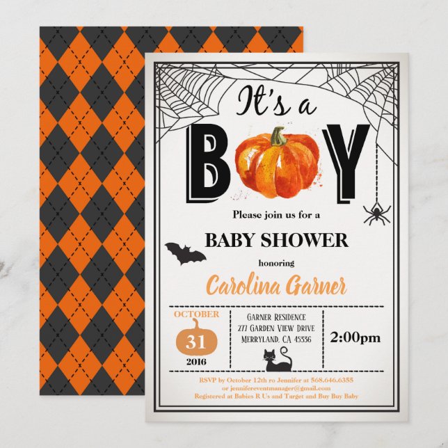 Halloween Babydusche Einladung. Es ist ein Junge Einladung (Vorne/Hinten)