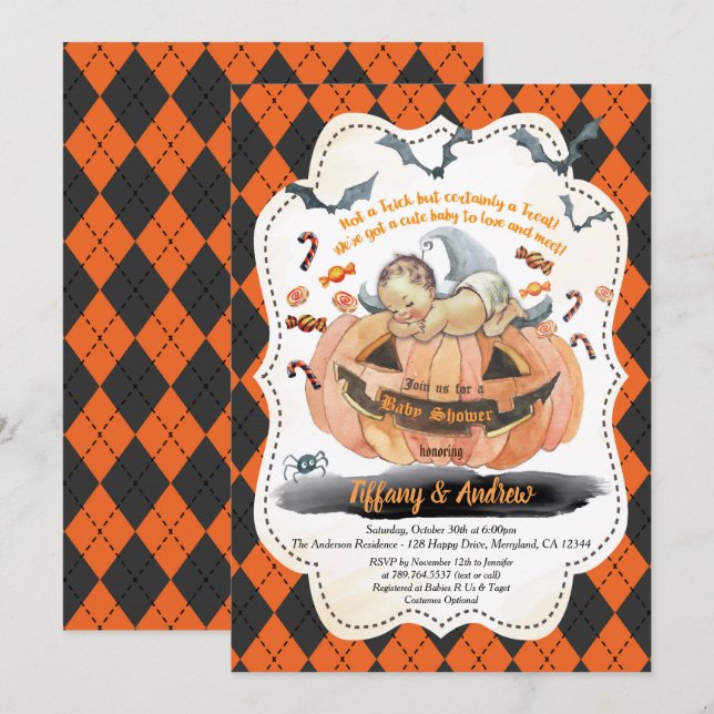 Halloween Babydusche Einladung. Junge / Mädchen Einladung (Vorne/Hinten)