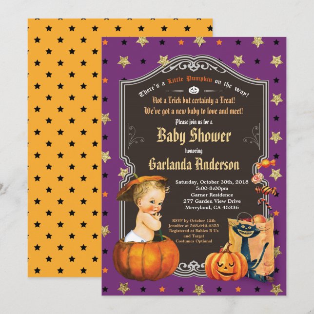 Halloween-Babydusche lila Goldkalkpappe Einladung (Vorne/Hinten)