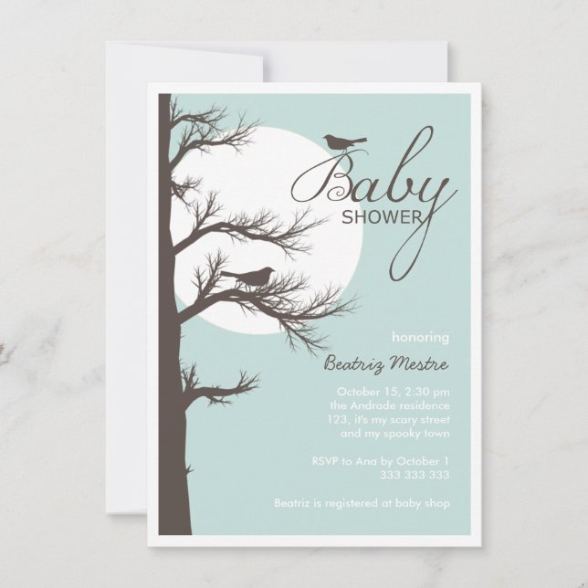 Halloween-Babyparty-blaues Brown-Vogel-Baum-Mond Einladung (Vorderseite)