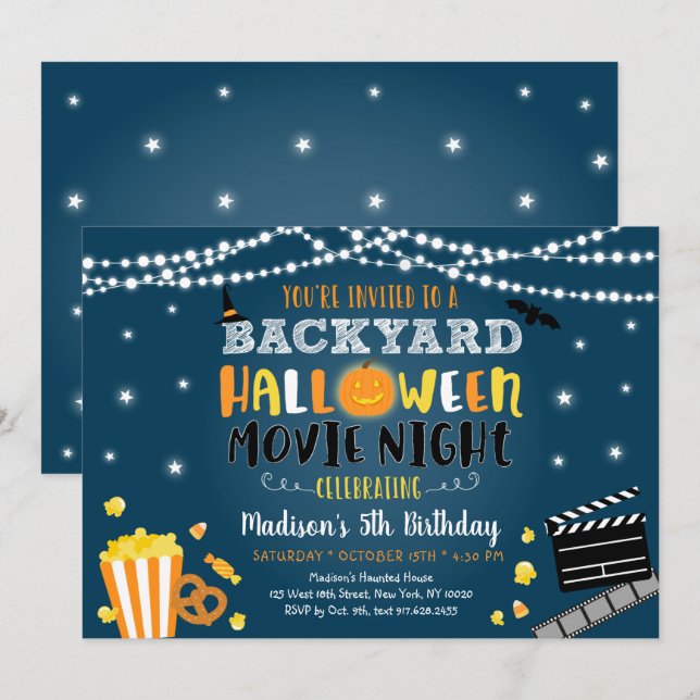 Halloween Backyard Movie Night Geburtstag Einladun Einladung (Vorne/Hinten)