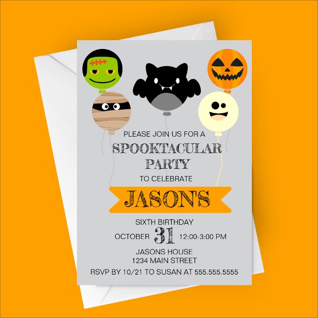 Halloween Balloons Playful Birthday Party Einladung (Halloween Balloons Birthday Party Invitation | Zombie, Bat, Mummy, Pumpkin, Ghost Balloons)