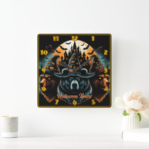 Halloween-Bären mit spitzigen Hexenhüten Quadratische Wanduhr