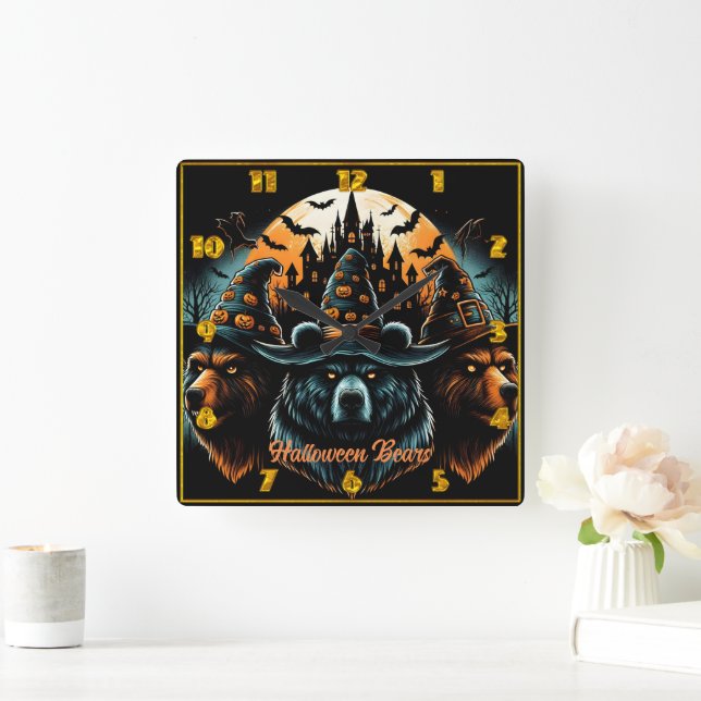 Halloween-Bären mit spitzigen Hexenhüten Quadratische Wanduhr (Zuhause)