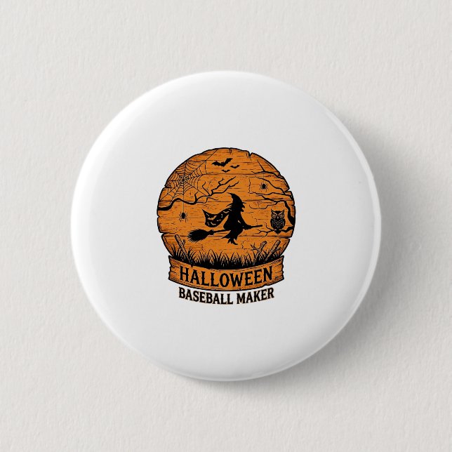 Halloween Baseball Maker Fliegende Hexe Holzmond  Button (Vorderseite)