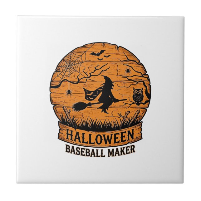 Halloween Baseball Maker Fliegende Hexe Holzmond  Fliese (Vorderseite)