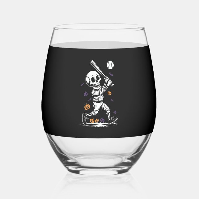Halloween Baseball Skeleton Hitting Weinglas Ohne Stiel (Vorderseite)