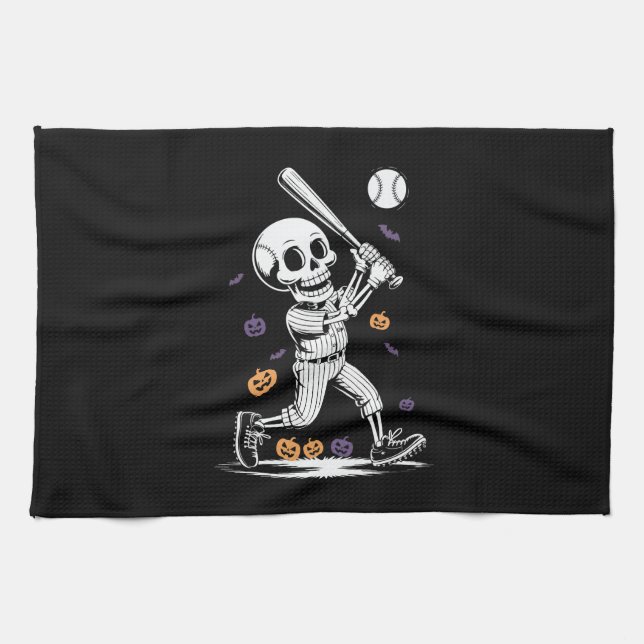 Halloween Baseball Skelett Schlägt Geschirrtuch (Horizontal)