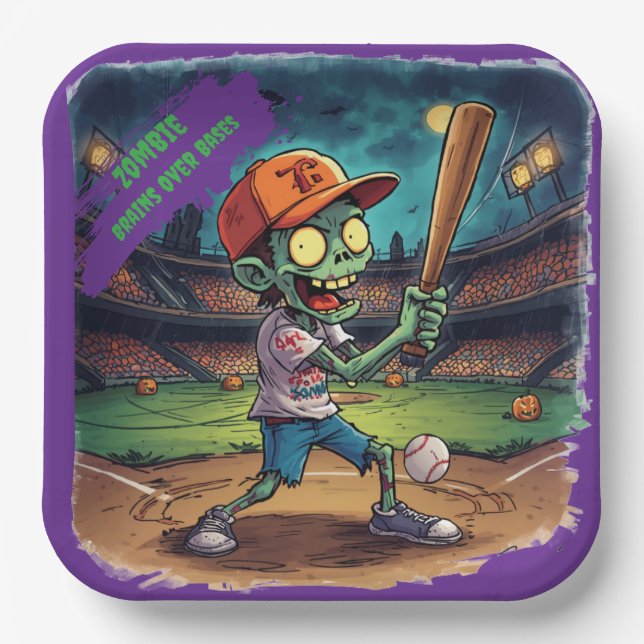 Halloween Baseball, Zombie, Gehirne über Basen  Pappteller (Vorderseite)