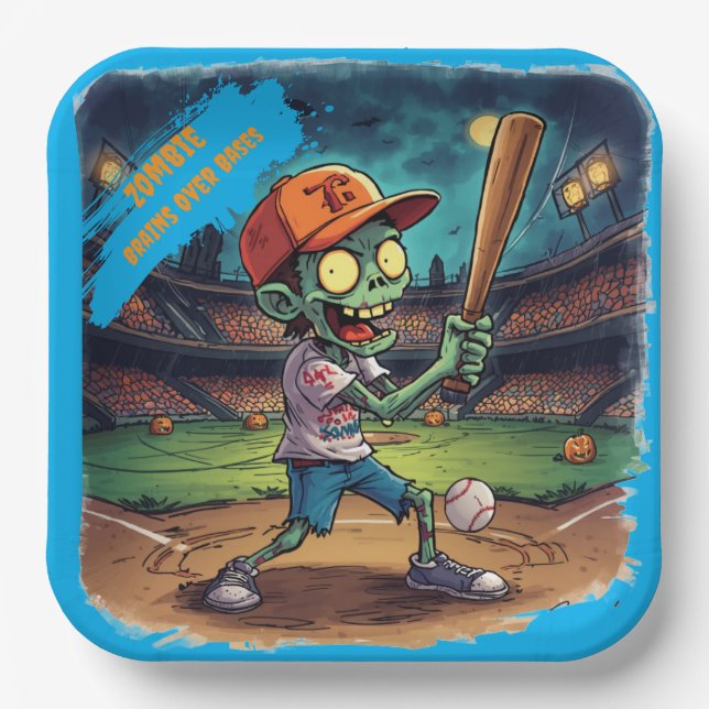 Halloween Baseball, Zombie, Gehirne über Basen  Pappteller (Vorderseite)