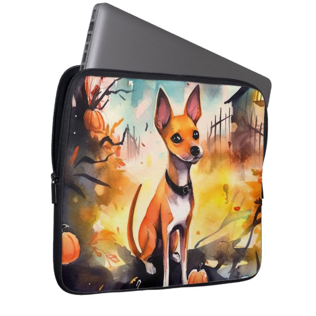 Halloween Basenji mit Pumpkins Beängstigend Laptopschutzhülle (Vorne Rechts)