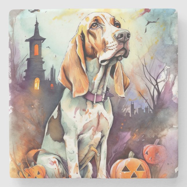 Halloween Basset Hound mit Pumpkins Beängstigend Steinuntersetzer (Vorderseite)