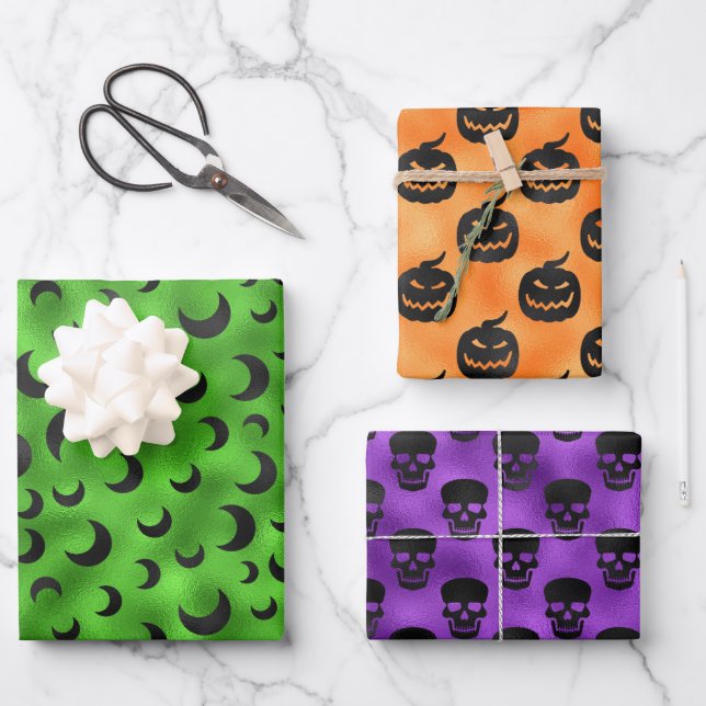 HALLOWEEN BATS HALBMOONS & PUMPKINS GESCHENKPAPIER SET (Vorderseite)