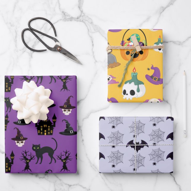 HALLOWEEN BATS HATS CAULDRONS SKULLS BROOMS GESCHENKPAPIER SET (Vorderseite)