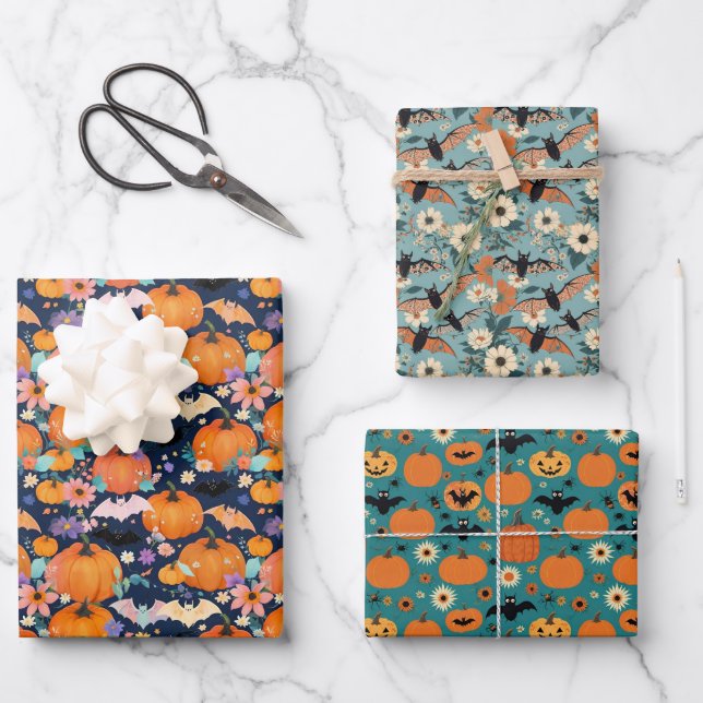 Halloween Bats Pumpkins und Blume Geschenkpapier Set (Vorderseite)
