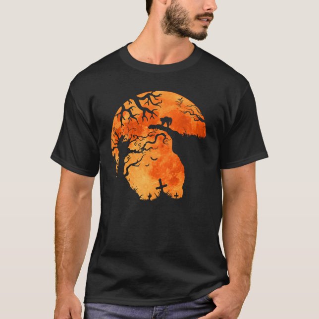 Halloween Bats und Schwarze Katzen Witchs Red Moon T-Shirt (Vorderseite)
