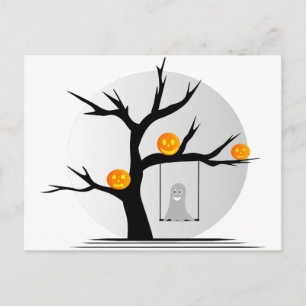 Halloween-Baum mit Kürbissen und einem schwingende Postkarte