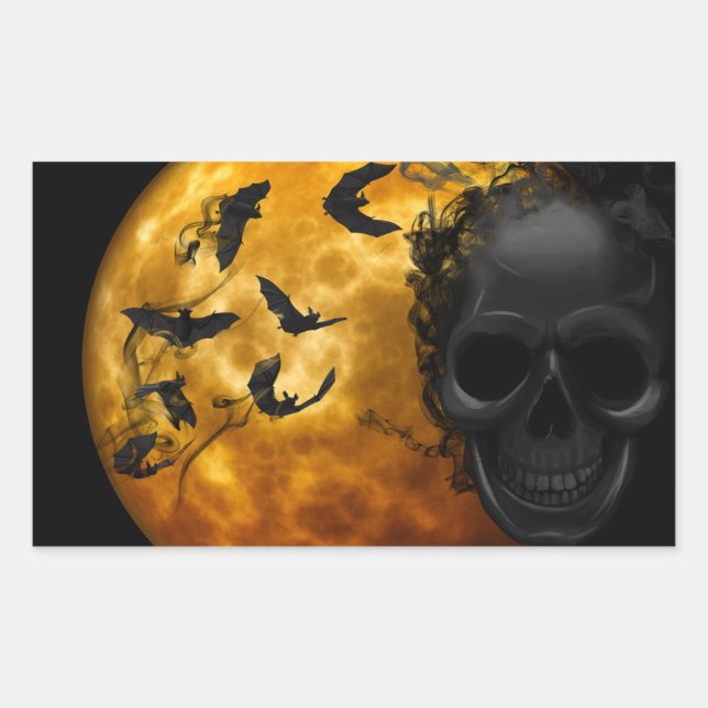 Halloween Beängstigend Scene 12 BLK Skull & Bats Rechteckiger Aufkleber (Vorderseite)