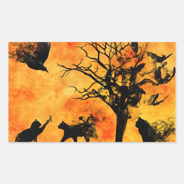 Halloween Beängstigend Szene 10 schwarze Katzen Fl Rechteckiger Aufkleber (Vorderseite)