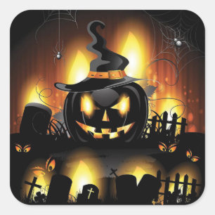 Halloween - beängstigende Kürbise w/Hat Quadratischer Aufkleber