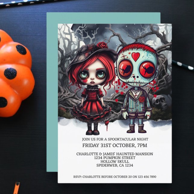 Halloween-Beängstigendes Puppenkuppel in Holz Einladung (Halloween Scary Doll Couple In Woods Invitation from Ricaso. Dead dolls Halloween party.)