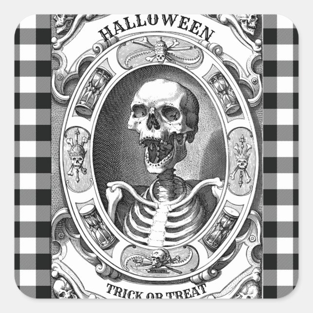 Halloween, beängstigendes Schwarz-Weiß-Skelett Quadratischer Aufkleber (Vorderseite)