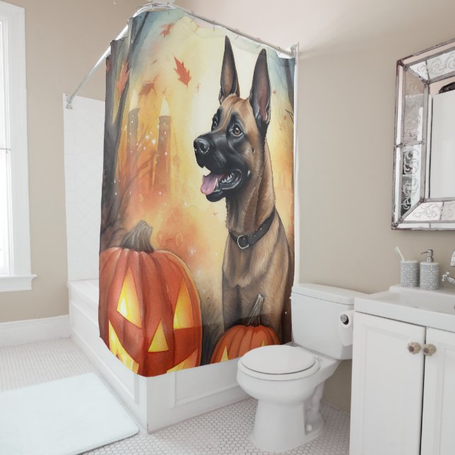Halloween Belgisch Malinoi mit Pumpkins Beängstige Duschvorhang (Beispiel)