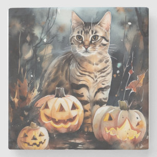 Halloween Bengal Katze mit Kürbissen Gruselig Steinuntersetzer