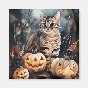 Halloween Bengalische Katze mit Pumpkins Beängstig Magnet