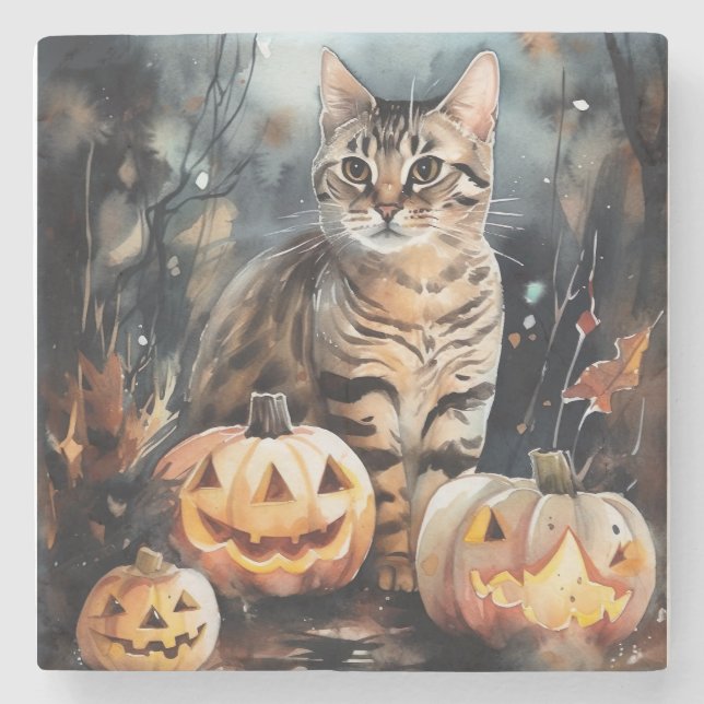 Halloween Bengalische Katze mit Pumpkins Beängstig Steinuntersetzer (Vorderseite)