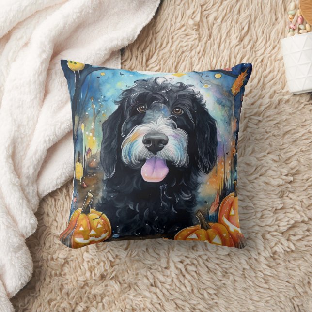 Halloween Bernedoodle mit Pumpkins Beängstigend Kissen (Decke)