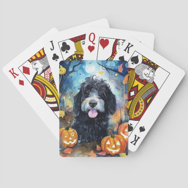 Halloween Bernedoodle mit Pumpkins Beängstigend Spielkarten (Rückseite)