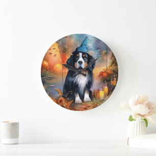 Halloween Berner Sennenhund mit Kürbissen Gruselig Große Wanduhr