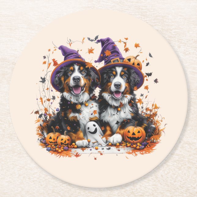 Halloween Bernese Mountain Hogs Hexenghost Runder Pappuntersetzer (Vorderseite)