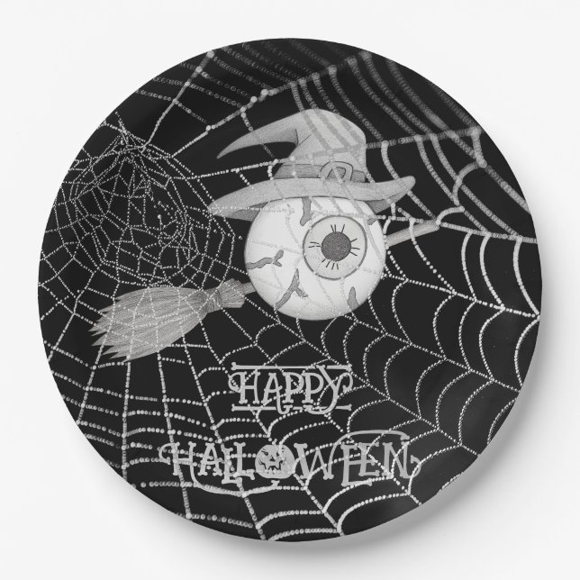 Halloween-Besen, beängstigender Augapfel, Spinnenn Pappteller (Vorderseite)