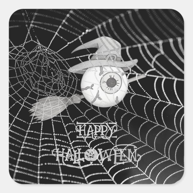 Halloween-Besen, beängstigender Augapfel, Spinnenn Quadratischer Aufkleber (Vorderseite)