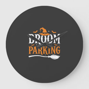 Halloween Besenparkplatz Hexenhut Grafik Große Wanduhr