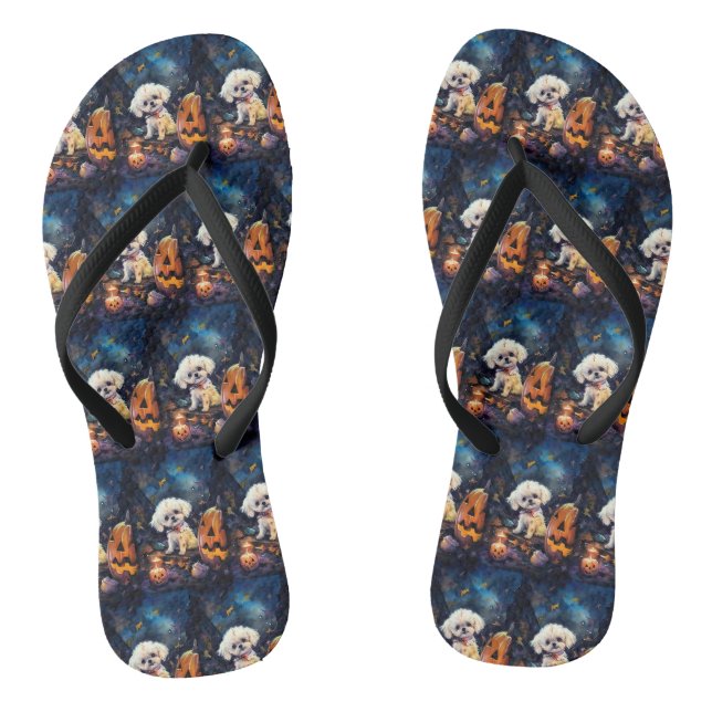 Halloween Bichon Frise mit Pumpkins Beängstigend Flip Flops (Fußbett)
