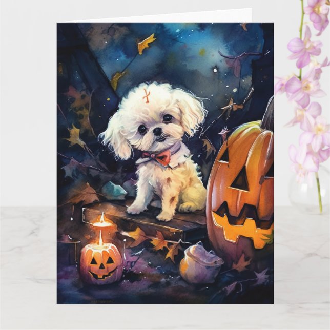 Halloween Bichon Frise mit Pumpkins Beängstigend Karte (Orchidee)