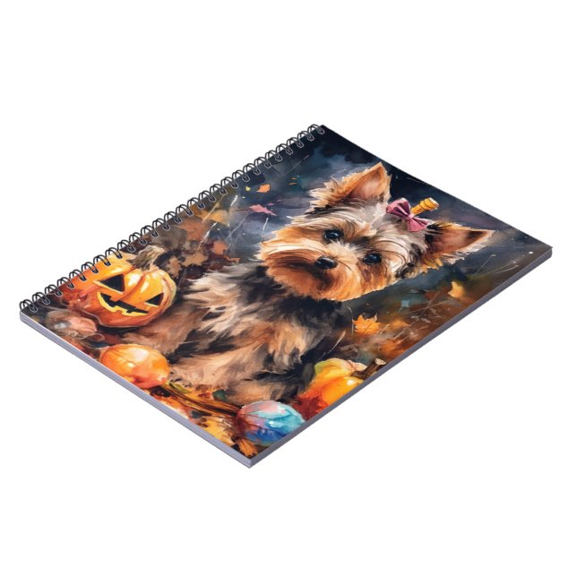 Halloween Biewer Terrier mit Pumpkins Beängstigend Notizblock (Linke Seite)