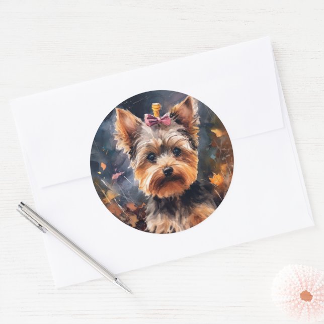 Halloween Biewer Terrier mit Pumpkins Beängstigend Runder Aufkleber (Umschlag)